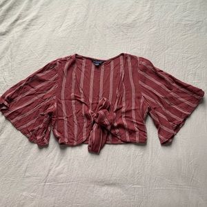 American Eagle Red Striped Tie-Front Top XS